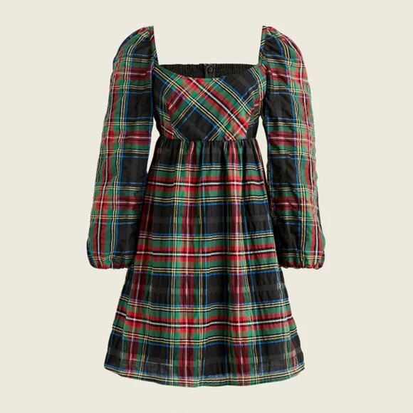 J.Crew Puff-sleeve Mini Dress Size 00 Stewart Tartan Plaid Holiday Christmas - Picture 1 of 13